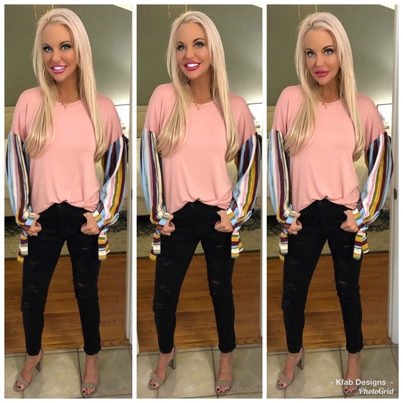 Tops - 💕LAST 1! Blush Striped Sleeve Contrast Tunic!